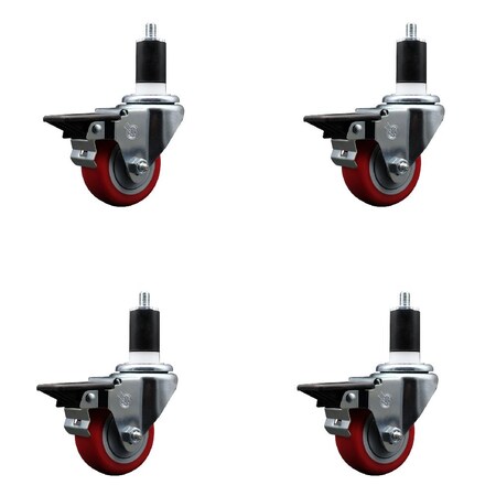 Service Caster 3'' Red Poly Swivel 1-1/2'' Expanding Stem Caster Set with Brake, 4PK SCC-EX20S314-PPUB-RED-PLB-112-4